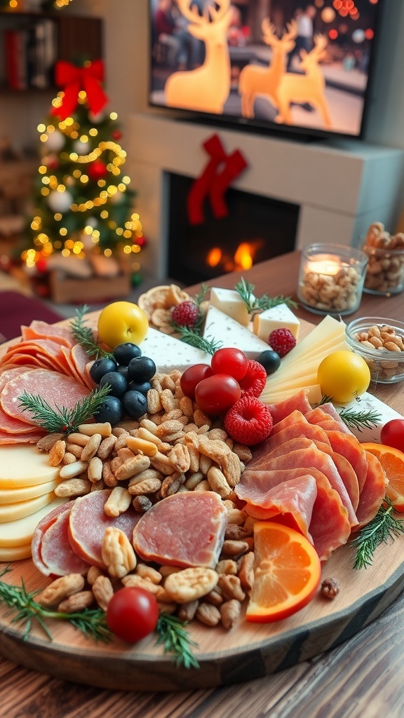 Christmas Charcuterie Board for Movie Night A festive charcuterie board with meats, cheeses, fruits, nuts, and holiday treats, perfect for movie night.